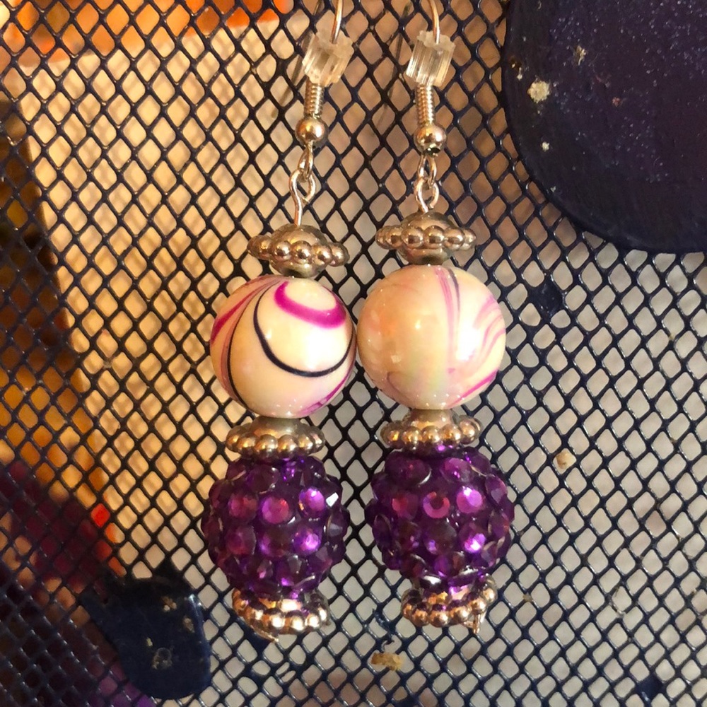 White and purple handmade beaded earrings